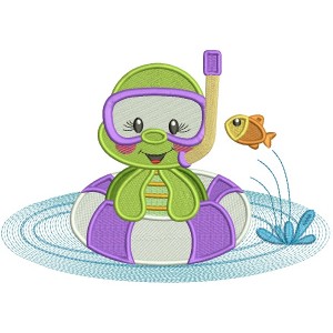 Cute Little Turtle Swimming on a Roud Floaty Summer Filled Machine Embroidery Design Digitized